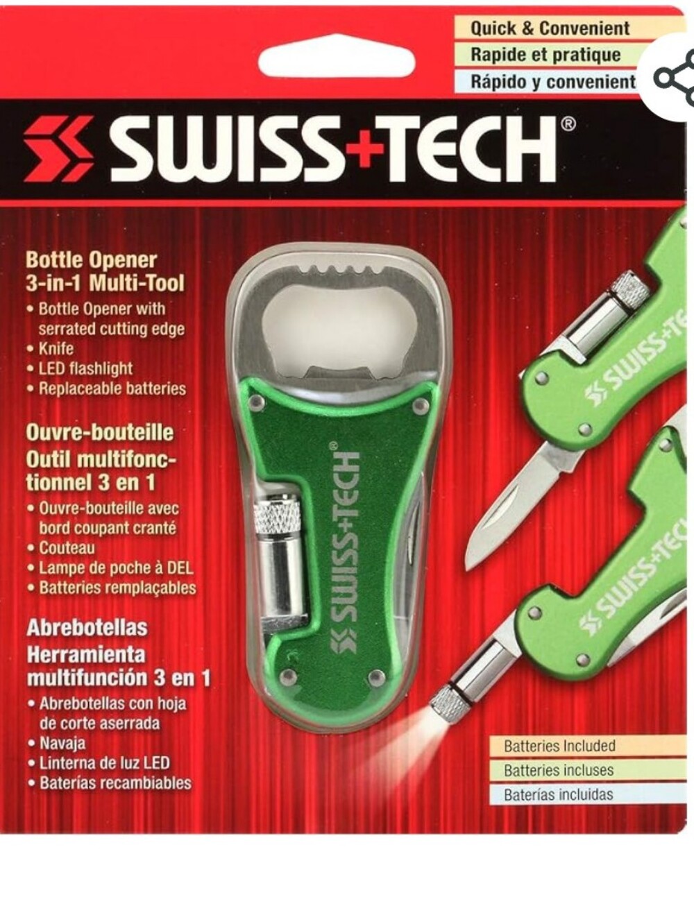 Swiss Tech Green Bottle Opener Multi Tool with Knife And LED Light NWT